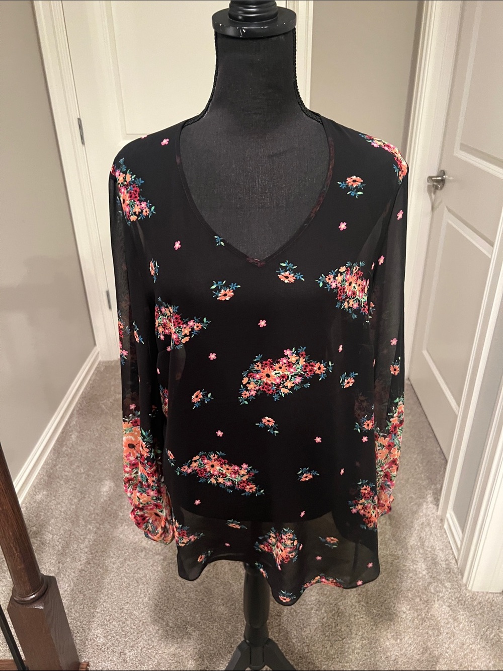 CAbi Black Sheer Floral V-Neck Blouse with Pink and Coral Flowers Size Large